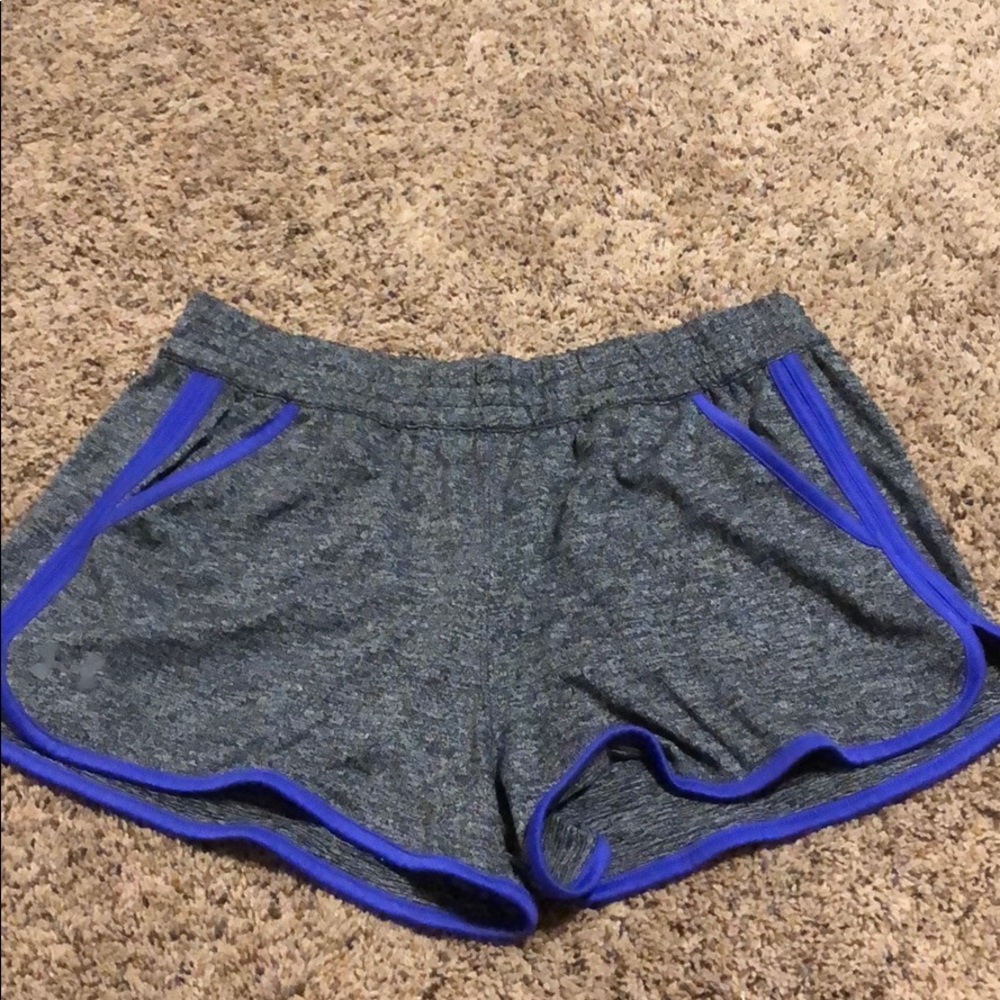 Under Armour gray athletic shorts with purple trim